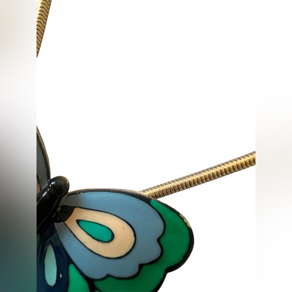 Eisenberg • Vintage Enamel Modernist Butterfly Pendant Necklace Gold Tone Green - Picture 6 of 15